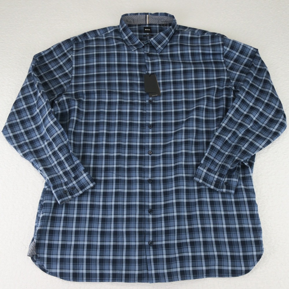 Hugo Boss Long Sleeve Button Up Shirt Mens 4XL Blue Plaid Cotton‎